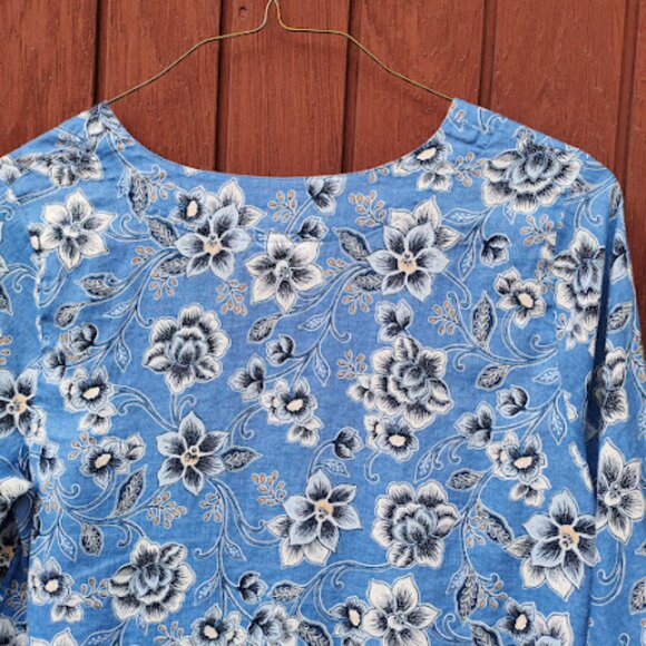J. JILL | Love Linen Blue Floral 3/4 Sleeve Split Neck Tunic Blouse Coastal LT - Picture 10 of 14